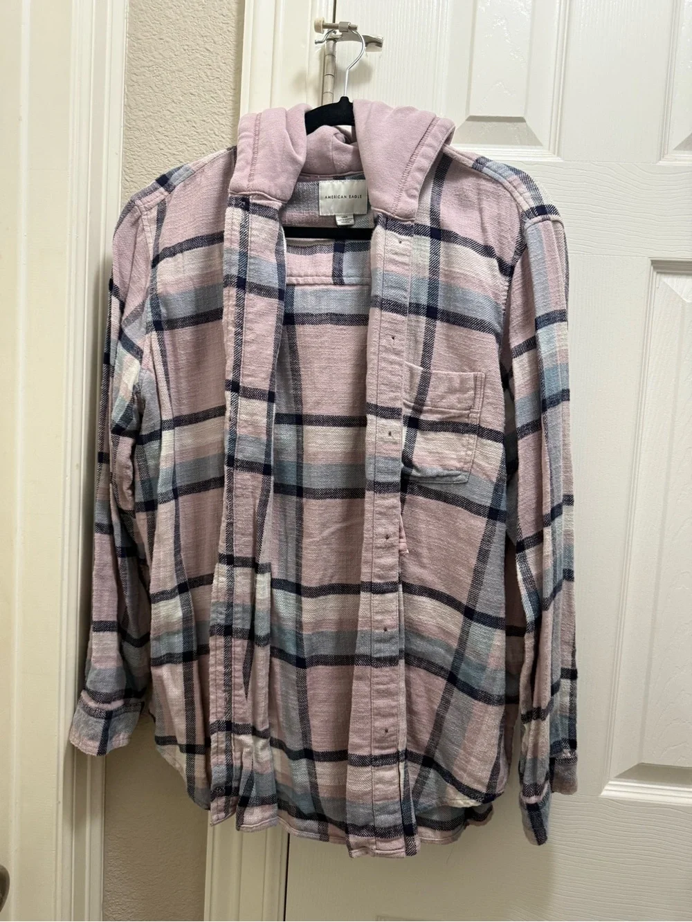 American Eagle Outfitters Lilac Plaid Hooded Button-Down Shirt